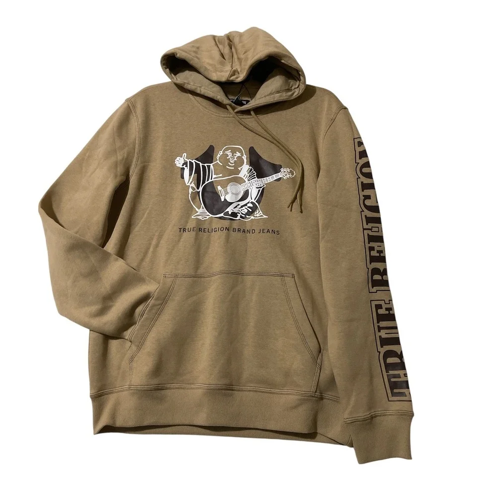 True Religion Mens Travertine Tan‎ Buddha Graphic Pullover Hoodie Small